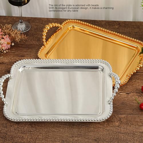 ciciglow European Style Beaded Metal Serving Tray Elegant Mirror Platter for Desserts Jewelry for Home Office Cafes (Gold) - color: Gold