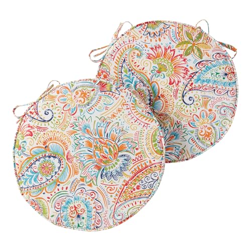 Set of 2 Outdoor 18 inch Round Patio Dining Chair Pads – Comfortable Fiber-Filled Seat Cushions with Ties, Reversible Polyester Fabric, Jamboree Paisley - color: Jamboree Paisley