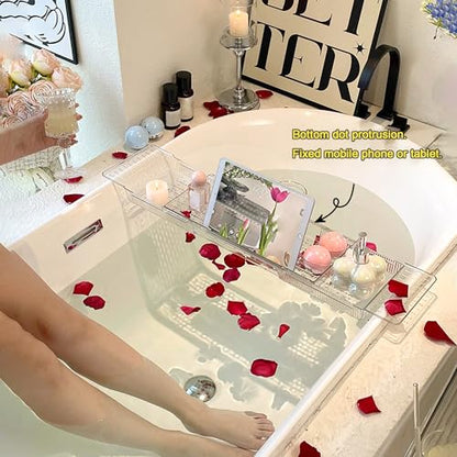 Bathtub Tray Table, Adjustable Bath Tray for Tub, Bath Accessories, Deluxe Bathroom SPA Bath Tray, Expandable Drain Bath Shelf Caddy Tray with Anti-Slip mat, Fits Most Tubs(Transparent) - color: Transparent