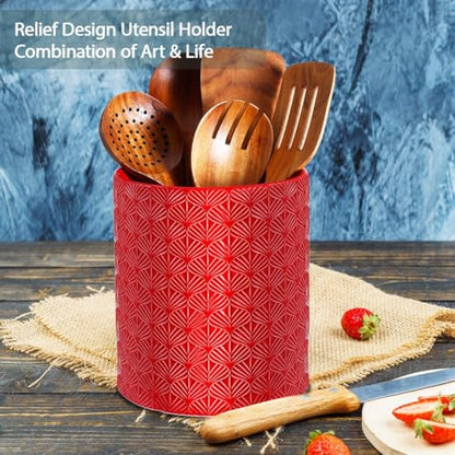 Ceramic Utensils Holder，Extra Large Stable Ceramic Cooking Tool Organizer Set for Kitchen，For Countertop ,Red - color: Red