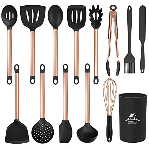 MIBOTE Silicone Cooking Kitchen Utensils Set, Wooden Handle, Coffee | BPA-Free, Non-Toxic Silicone Turner, Tongs, Spatula, Spoon Set – Great for Nonstick Cookware, Heat-Resistant, Easy Clean - color: 1-Copper