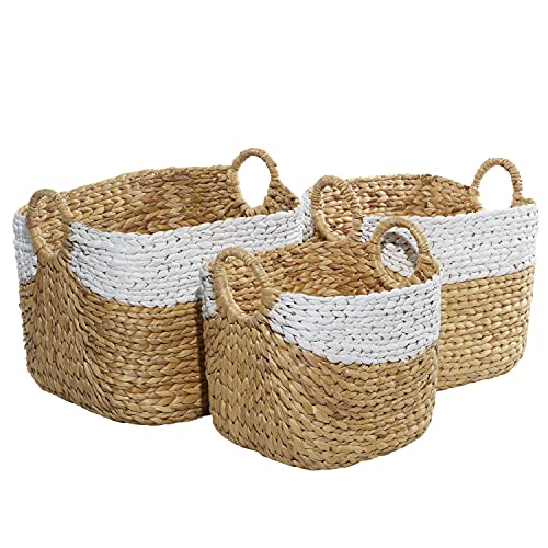 Deco 79 Seagrass Handmade Two Toned Storage Basket with Handles, Set of 3 19", 17", 15"W, Brown - size: 19" x 17" x 15"