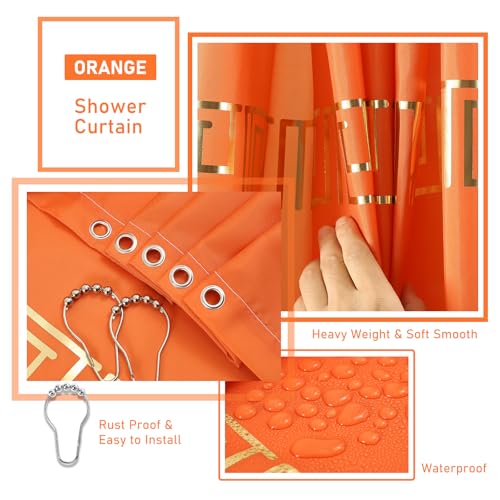 XLHOMO 11PCS Bathroom Sets with Shower Curtain and Rugs Bathroom Accessories Set Orange Bathroom Set,Soap Dispenser & Toilet Brush Holder Set with Stainless Steel Trash Can - size: Orange, style: Bath Set+Shower Curtain+Bath Rugs
