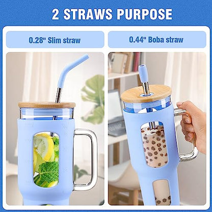WINSA Glass Tumbler with Lid and Straw, 46 oz, Glacier | Iced Coffee Cup with Handle, Large Water Bottle with Silicone Sleeve, Pearl Straw & Drinking Straw, BPA Free - color: Glacier, size: 46 Ounces
