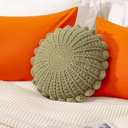 Knitted Throw Pillow Round Couch Pillow (Olive Green, 18inch) | Include Insert Handmade Decorative Plush Pillow Cute Cushion - color: Olive Green