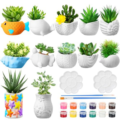 Hushee 12 Sets Ceramic Succulent Planters Paintable Succulent Plant Pots Small DIY Figurines Unpainted Pots with Drainage Hole Color Paints Paintbrushes Palettes - color: Sea Animals