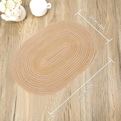 Beige Striped Oval Woven Placemats - Washable, Heat Resistant Cotton Blend Table Mats for Kitchen & Dining, Set of 6 - color: Light Khaki