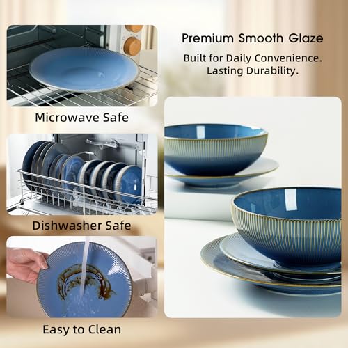 Dinnerware Sets for 4, 12 Piece Stoneware Plates and Bowls, Blue | 12 piece stoneware set for 4 with ribbed texture; dinner plates, salad plates and 33 oz bowls, microwave, dishwasher safe.