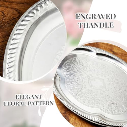 4 Pcs Large Silver Serving Tray 20.3 x 15.2 Inch Elegant Floral Metal Plate Silver Platter for Buffet Wedding Party Jewelry Decorative, Oblong