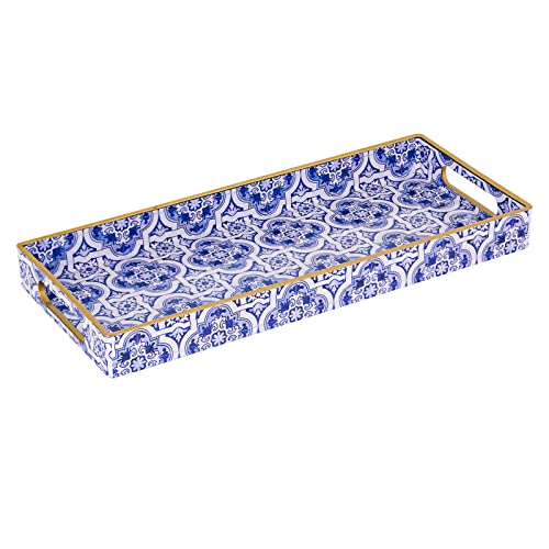 Blue Decorative Tray with Handles, Rectangular Moroccan Narrow Tray | Plastic Serving Tray, Bathroom Vanity Tray, Long Toilet Tank Trays, Countertop Organizer Tray for Kitchen, 13.8" X 6" X 1.57" - color: Blue-moroccan
