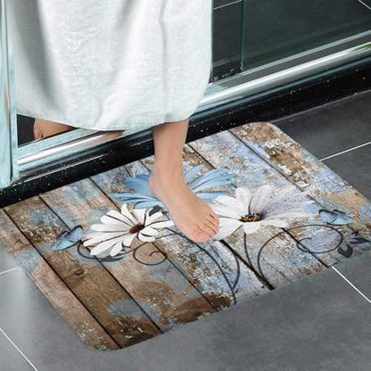 JAWO 4 Piece Blue Daisy Flower on Rustic Wooden Plank Country Style Shower Curtain Sets with Non-Slip Rugs, Toilet Lid Cover and Bath Mat, Shower Curtain with 12 Hooks - color: Blue-01, size: 5'10" x 5'10" (Rectangular)