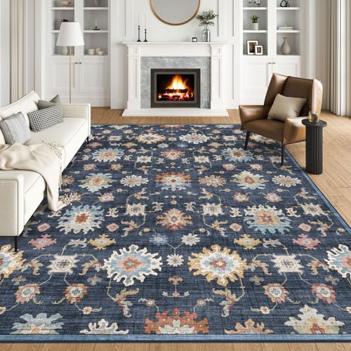 BLISSA 6x9 Rug for Bedroom Washable Boho Blue Multi Oushak Print Area Rug | Soft Oriental Living Room Carpet Non-Slip Distressed Ultra-Thin Vintage Floor Rugs for Dining Room Nursery Playroom Office - color: Denim Blue Multi, size: 6' x 9' (Rectangular)