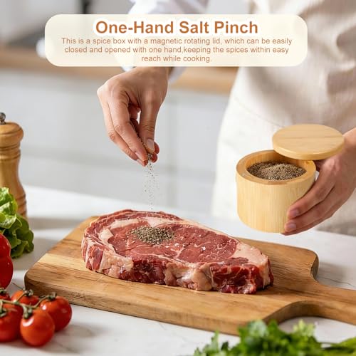 Salt Holder with Lid, Bamboo Salt Container, Salt Cellar with 360° Swivel Lid for Countertop to Store Pepper Spice, Premium Solid Salt Box Holder on Your Kitchen, 6 Oz by Pniimoo