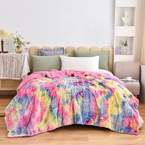NEWCOSPLAY Faux Fur Sherpa Queen Blanket for Couch, Dark Rainbow, 90"x90" | Super Soft Cozy Fuzzy Plush Warm Thick Decorative Non-Heated Blanket for Sofa Bed, Gift for Women Men, All Season Use - color: Dark Rainbow, size: Queen(90"x90")