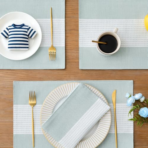 Wracra Linen Placemats Set of 4, Aqua Blue Place Mats for Kitchen Table | Macrame Placemats 12 x 18 Inch, Heat Resistant Table Mats, Premium Cotton Linen Woven Fabric, Delicate Splicing Designs - color: Aqua Blue, size: 12×18 Inch (Set of 4)