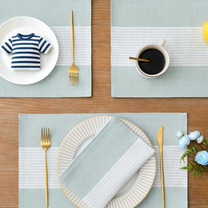 Wracra Linen Placemats Set of 4, Aqua Blue Place Mats for Kitchen Table | Macrame Placemats 12 x 18 Inch, Heat Resistant Table Mats, Premium Cotton Linen Woven Fabric, Delicate Splicing Designs - color: Aqua Blue, size: 12×18 Inch (Set of 4)