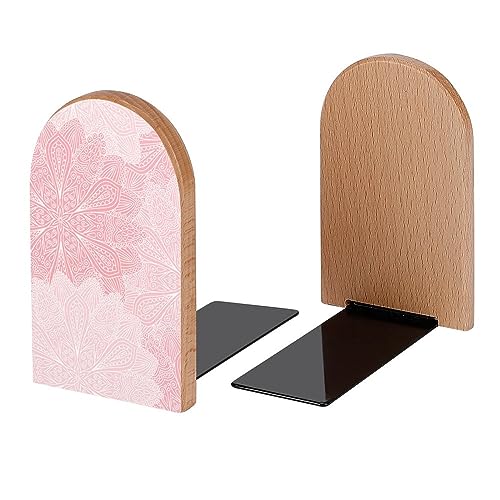 Boho Mandala Pink Flowers Book Ends Decorative Wood Bookends for Shelves Kids Room Desk Home Office Book Stoppers for Magazines,Books, DVDs, 1 Pair/2 Pieces(5x3.1 in)