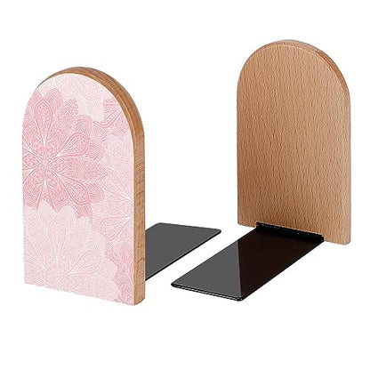 Boho Mandala Pink Flowers Book Ends Decorative Wood Bookends for Shelves Kids Room Desk Home Office Book Stoppers for Magazines,Books, DVDs, 1 Pair/2 Pieces(5x3.1 in)