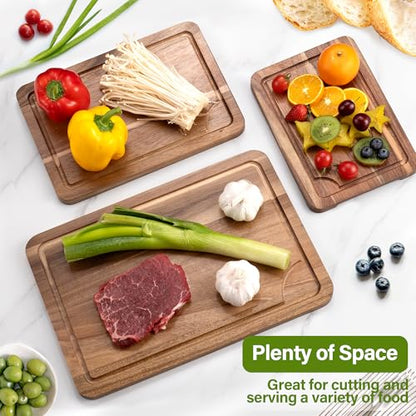 WILLKOMMEN Acacia Wood Cutting Board Set for Kitchen, 3-Piece Chopping Boards with Stand & Juice Groove & Handles, Heavy Duty Wooden Butcher Block for Meat, Vegetables (Small, Medium, Large) - color: Acacia Wood Set of 3