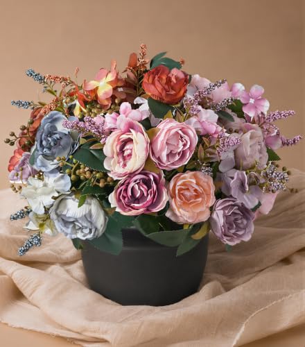 Artificial Flowers with Vase, Silk Rose Flower Arrangement with Ceramic Vase, Fake Flowers in Vase for Home Decor, Small Flower Vase for Table, Shelf, Living Room and Dining Room - color: Mix 2