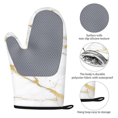 Oven Mitts and Pot Holders Sets White Gold Marble Kitchen Accessories of 4 Heat Resistant Oven Gloves Hot Pads with Non-Slip Silicone Surface for Chef Cooking Baking - color: White Gold