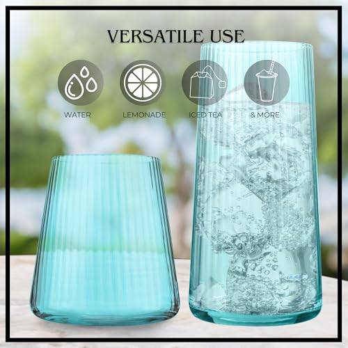 ARTLAND Soho Optic 14.5 oz Double Old Fashion & 17.5oz Highball Glasses (8-Piece Set) - Modern Design Barware Glasses - Elegant Durable & Stylish Bar Glassware Essential, Dishwasher Safe (Turquoise) - color: Light Turquoise, style: Highball & DOF (8-Piece