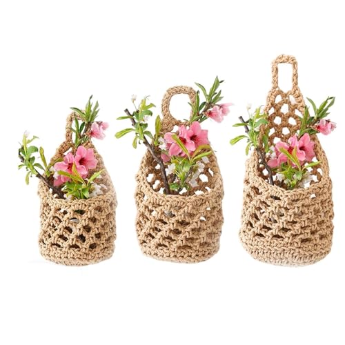 3 Pack Macrame Plant Hanger, Wall Hanging Plant Baskets, Boho Woven Holder, Small Decorative Hanging Pots for Plant and Kitchen Storage, Bedroom, Bathroom & Wall Hanging Decor (Brown) - color: Brown