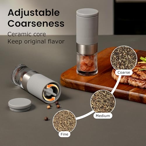 Mini Salt and Pepper Grinder Set, Small Tiny Adjustable Coarseness Ceramic Salt Grinder with Funnel and Bag Portable Handy Spice Pepper Mill Shaker For Outdoor Party Lunch Bag Kitchen Grey - color: Grey 2-Pack