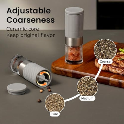 Mini Salt and Pepper Grinder Set, Small Tiny Adjustable Coarseness Ceramic Salt Grinder with Funnel and Bag Portable Handy Spice Pepper Mill Shaker For Outdoor Party Lunch Bag Kitchen Grey - color: Grey 2-Pack