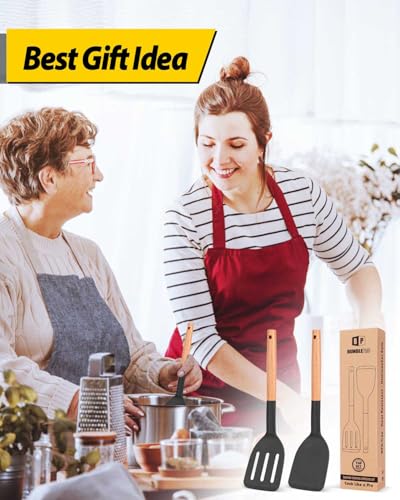 Pack of 2 Silicone Cooking Spatula, Heat Resistant Solid Turner, Non Stick Slotted Spatulas with Wooden Short Handle,Ideal Wood Kitchen Utensils Set for Frying, Baking, Flipping, Turning - color: Black