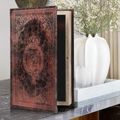 Decorative Fake Book Box Vintage Style | Brown Faux Leather Embossing Book Storage Box Hollow Wood Box Birthday / Graduation Gift Hidden Surprise - color: Vintage Leather-Size:M