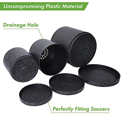 D'vine Dev 3-Pack Plastic Pots, 6.5/8/10 in, Speckled Black, 74-V-F-4 | Multi-Size Options, Lightweight Durable, Matte Finish, Cylinder Shape, Drainage Holes, Sleek Design, Detachable Saucer - color: Speckled Black, size: Large