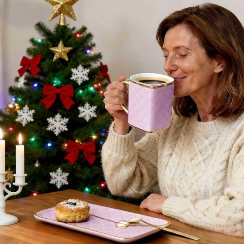 Zubebe 2 Set Coffee Mug Elegant Handbag Shaped Cup Modern Ceramic Purse Mug with Spoon and Saucer, 10oz Cute Creative Tea Cup for Woman Girls Gift (Pink,Purple) - color: Pink, Purple
