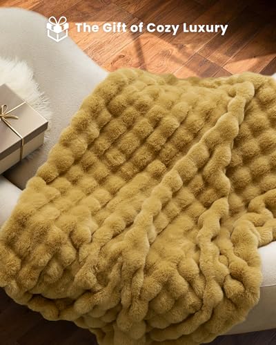 Ultra Soft Cozy Faux Fur Throw Blanket, Fuzzy Plush Thick Bubble Blanket, Oversize Luxury Fluffy Blanket for Couch, Bed, and Living Room, 60x80 Inches, Dark Yellow - color: Bubble Dark Yellow, size: Twin