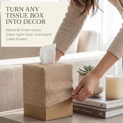 Stylish Tissue Box Cover - Burlap Soft Fabric Slip-On Covers Tissue Box | Decorative Square Cube Cover for Your Bathroom and Home