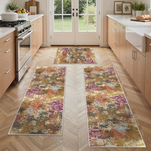 GENIMO Kitchen Rugs Set of 3, Washable Non Slip Kitchen Mats for Floor | 20"x32"&20"x48"&20"x59", Gold Ename vintage abstract rug, soft faux cashmere, low pile, easy-clean for laundry - color: Gold Ename Thyst, size: 20"x32"+20"x48"+20"x59"
