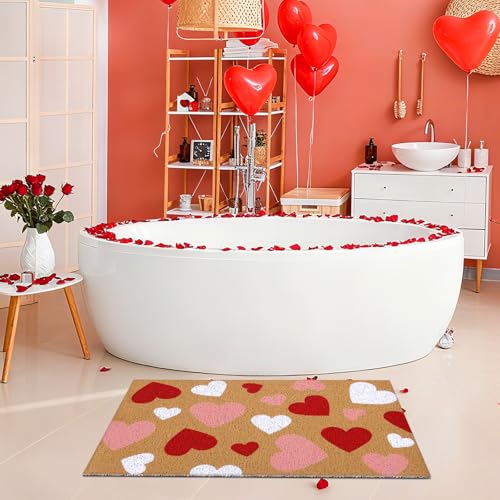 Duraaamo Valentine Coir Door Mat Welcome Doormat Red Pink White Heart Pattern Non Slip for Outdoor Entrance Front Porch Entryway Decor - style: Heart
