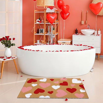 Duraaamo Valentine Coir Door Mat Welcome Doormat Red Pink White Heart Pattern Non Slip for Outdoor Entrance Front Porch Entryway Decor - style: Heart