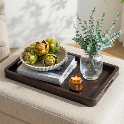 Hanobe 20" Large Wooden Ottoman Serving Trays for Coffee Table Decor | Walnut Big Decorative Tray with Handles for Modern Farmhouse Living Room Decor