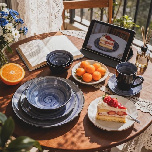 Stoneware Sonoma 56pc Dinnerware Set, Black + Speckled Spin Wash Cobalt - color: Cobalt