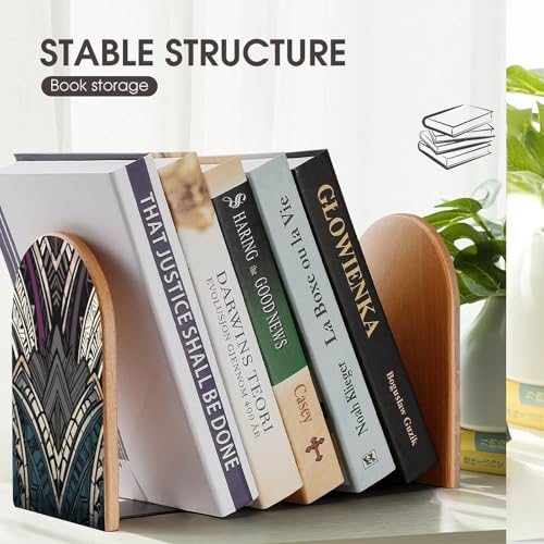 Art Deco Geometric Pattern Wood Bookend for Shelves 1 Pair | Large Beech Wooden Book Ends with Metal Base, Non-Slip Heavy Duty Bookends, Decorative Book Stopper for Home Office Library