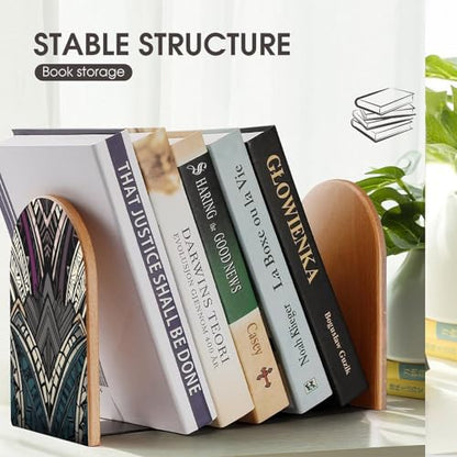 Art Deco Geometric Pattern Wood Bookend for Shelves 1 Pair | Large Beech Wooden Book Ends with Metal Base, Non-Slip Heavy Duty Bookends, Decorative Book Stopper for Home Office Library