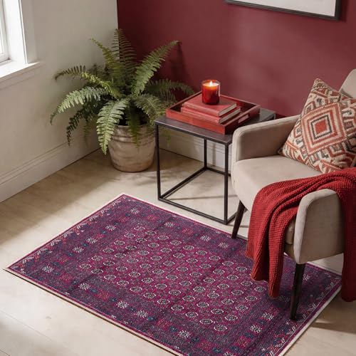 Keen Home Design Vintage Washable Entryway Rug, Non-Slip Low Pile, 2x3 | Machine Washable Cotton Chenille, 0.25In Low Pile, Rubber Non-Slip Back; Kitchen, Entryway, Bathroom, Bedside - color: Burgundy / Navy Blue, size: 2' x 3' (Rectangular)
