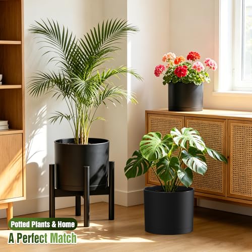 10/9/8 Inch Plant Pots 3 Pack, with Drainage Hole & Saucers | Cylindrical plastic planters with drainage holes & saucers. Modern matte finish, lightweight & durable for indoor/outdoor use - color: Matte Black