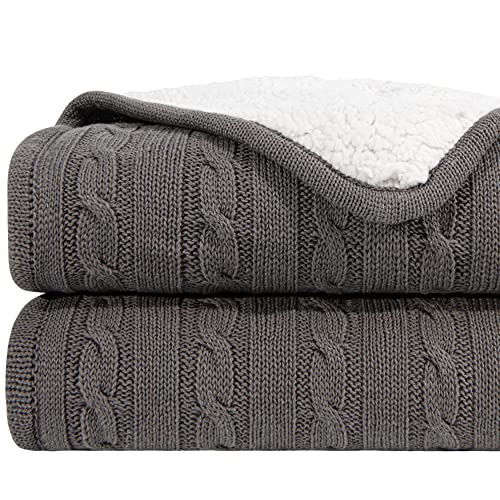 NTBAY Twin Cotton Cable Knit Sherpa Blanket, 60 x 80, Grey | Cotton Cable Knit Front with Warm Sherpa Reverse, 60 x 80 Inch Twin Blanket for Bed, Sofa, and Cold-Weather Layering - color: Grey