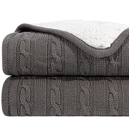 NTBAY Twin Cotton Cable Knit Sherpa Blanket, 60 x 80, Grey | Cotton Cable Knit Front with Warm Sherpa Reverse, 60 x 80 Inch Twin Blanket for Bed, Sofa, and Cold-Weather Layering - color: Grey