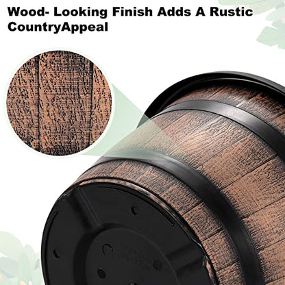 Quarut Large Plastic 4 Pack14 inch Plant Pots,Whiskey Barrel Planters with Drainage Holes & Saucer.Flower Pots Imitation Wine Barrel Design for Indoor & Outdoor Garden Balcony Plants.5 Gallons(Brown) - size: 14 inches