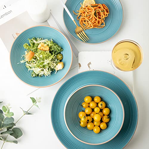 Arora RINGAR Round Stoneware 16pc Double Bowl Dinnerware Set for 4, Dinner Plates, Side Plates, Cereal Bowls, Pasta Bowls - Speckle Matte Turquoise (428525) - color: Speckle Matte Turquoise-Cereal/Pasta Bowl, style: Round-Service for 4(16pcs)