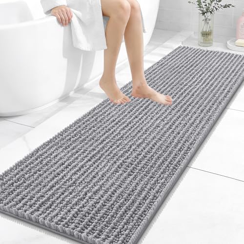 OLANLY Bathroom Runner Rugs 59x20, Thick Soft Absorbent Chenille Bath Rugs | Grey, Quick-Drying Rubber Backing, Long Shaggy Bath Mat, Machine Washable for Floor, Tub and Shower, Home Decor Accessories - color: Grey, size: 59" x 20"