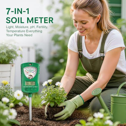 7-in-1 Soil Test Kit with 90° Rotatable Head, Soil Tester for Moisture/pH/Light Intensity/Fertility, Digital Screen for Soil & Air Temp/Humidity, Ideal for Garden, Lawn, Farm, Indoor/Outdoor Plants